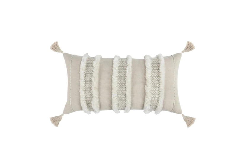 14X26 Beige + Ivory Textured Lumbar Throw Pillow With Tassels - 360