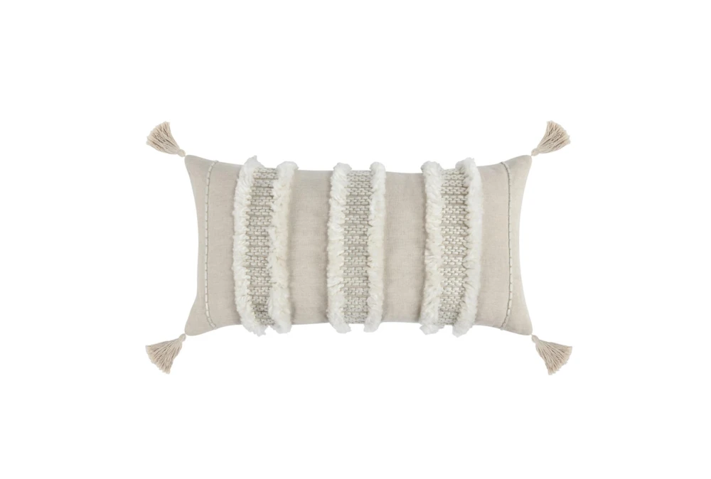 14X26 Beige + Ivory Textured Lumbar Throw Pillow With Tassels
