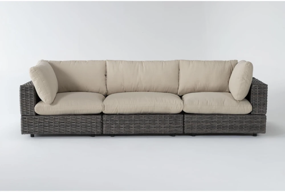 Retreat 117" Outdoor 3 Piece Brown Woven Modular Sofa With Linen Cushions