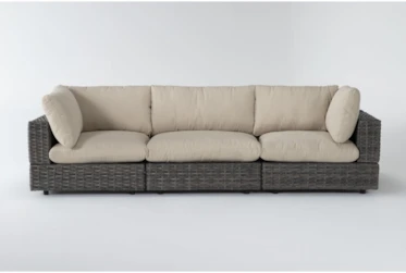 Retreat Outdoor 3 Piece Brown Woven Modular Sofa With Linen Cushions