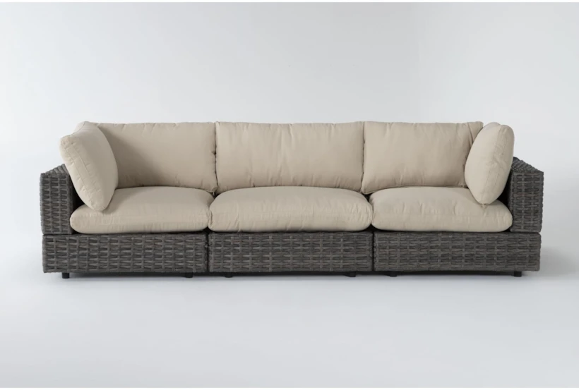 Retreat Outdoor 3 Piece Brown Woven Modular Sofa With Linen Cushions - 360