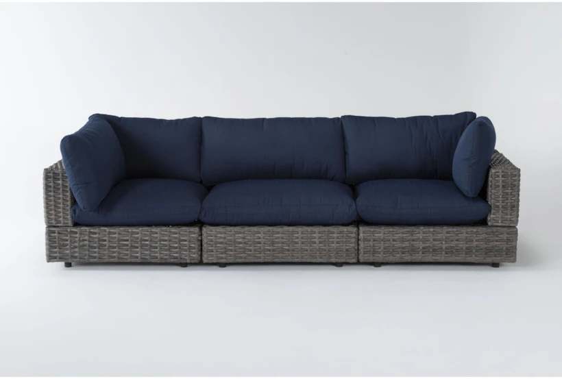 Retreat 117" Outdoor 3 Piece Brown Woven Modular Sofa With Navy Cushions - 360
