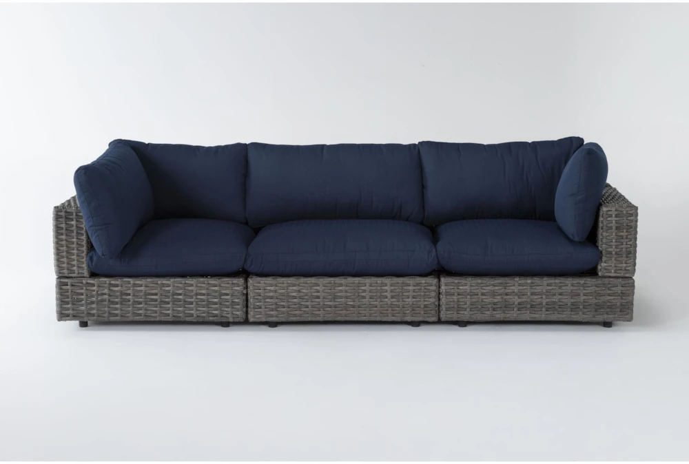 Retreat 117" Outdoor 3 Piece Brown Woven Modular Sofa With Navy Cushions