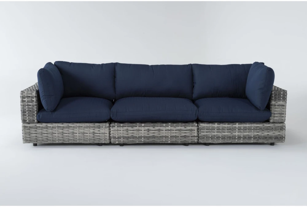 Retreat Outdoor 3 Piece Grey Woven Modular Sofa With Navy Cushions