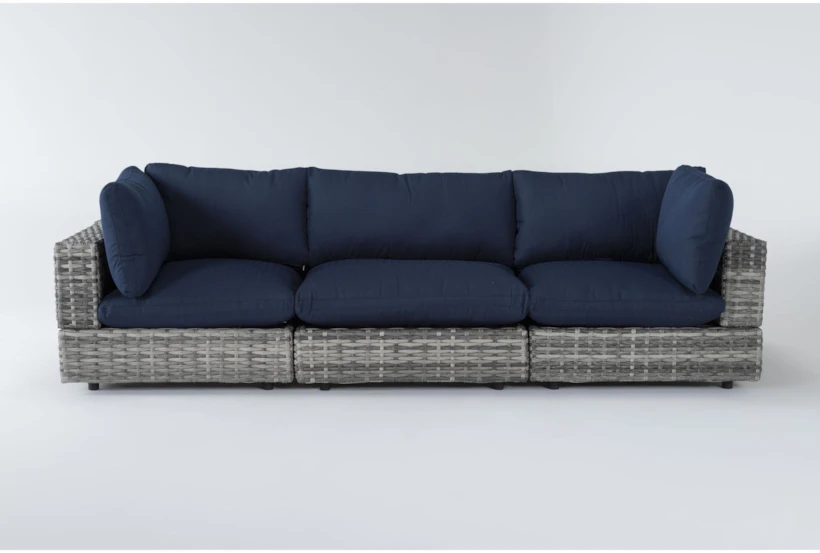 Retreat Outdoor 3 Piece Grey Woven Modular Sofa With Navy Cushions - 360