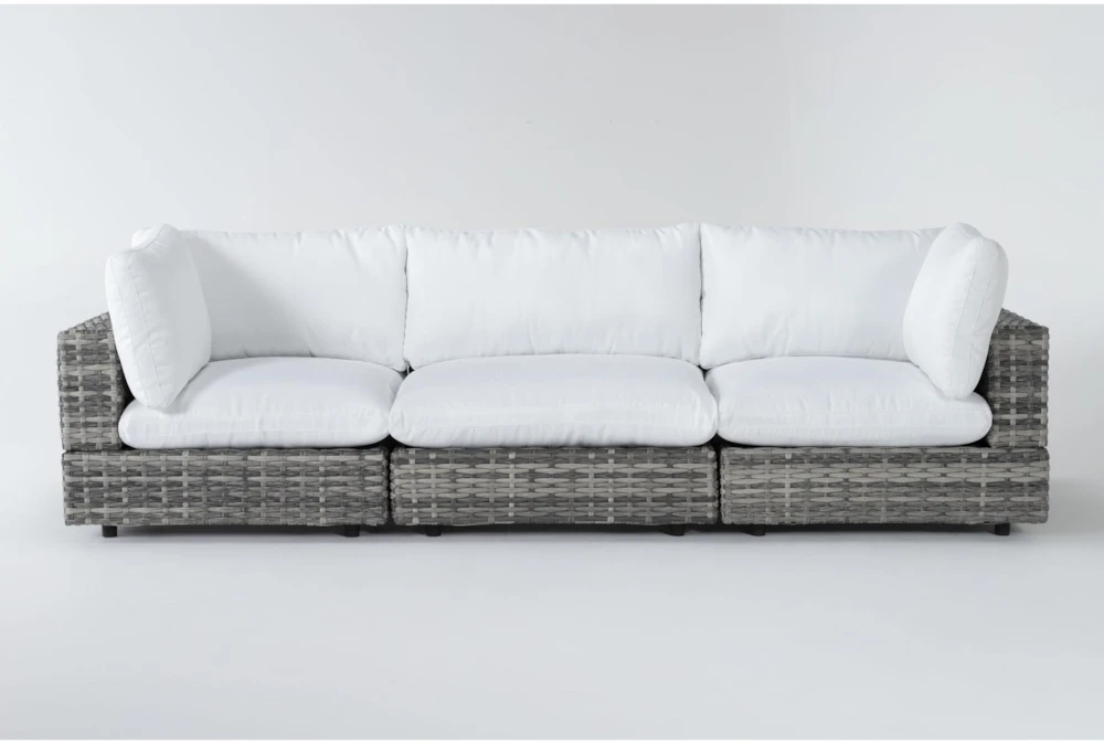 Retreat 117" Outdoor 3 Piece Grey Woven Modular Sofa With White Cushions