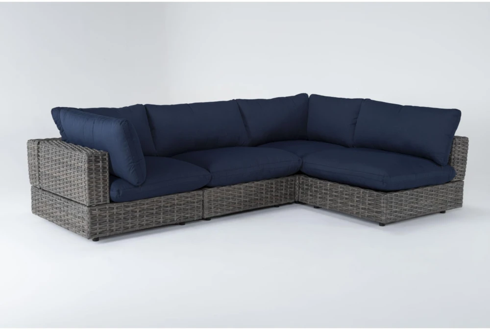 Retreat Outdoor 4 Piece Brown Woven Modular Chaise Sectional With Navy Cushions