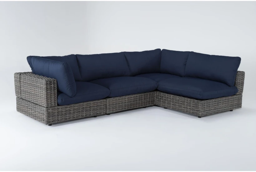 Retreat Outdoor 4 Piece Brown Woven Modular Chaise Sectional With Navy Cushions - 360