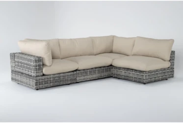 Retreat Outdoor 4 Piece Grey Woven Modular Chaise Sectional With Linen Cushions