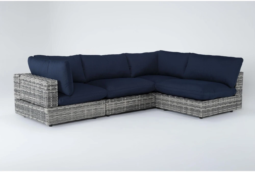 Retreat Outdoor 4 Piece Grey Woven Modular Chaise Sectional With Navy Cushions