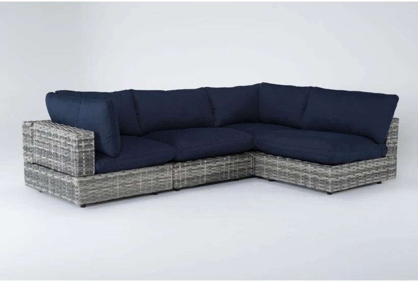 Retreat Outdoor 4 Piece Grey Woven Modular Chaise Sectional With Navy Cushions - 360