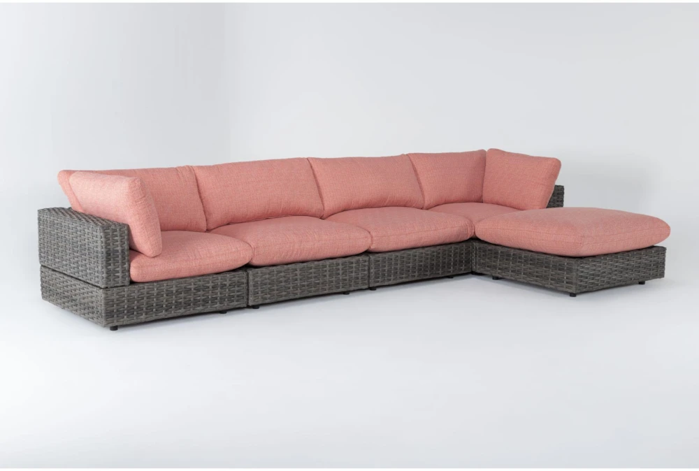 Retreat 156" Outdoor 5 Piece Brown Woven Modular Sofa Chaise Sectional With Coral Cushions