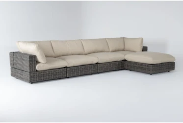 Retreat Outdoor 5 Piece Brown Woven Modular Sofa Chaise Sectional With Linen Cushions