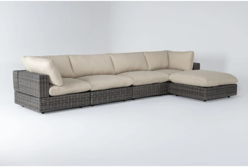 Retreat 156" Outdoor 5 Piece Brown Woven Modular Sofa Chaise Sectional With Linen Cushions - 360