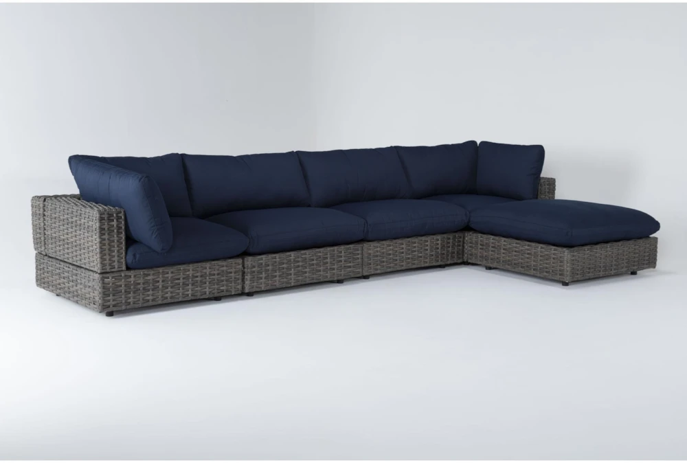 Retreat Outdoor 5 Piece Brown Woven Modular Sofa Chaise Sectional With Navy Cushions