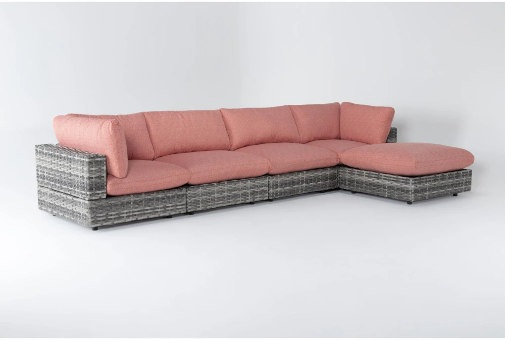 Retreat Outdoor 5 Piece Grey Woven Modular Sofa Chaise Sectional With Coral Cushions