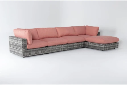Retreat 156" Outdoor 5 Piece Grey Woven Modular Sofa Chaise Sectional With Coral Cushions