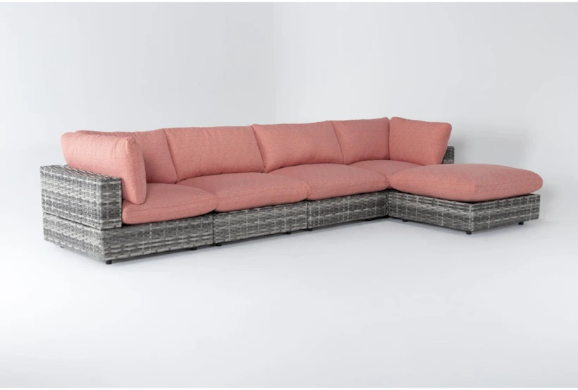 Retreat Outdoor 5 Piece Grey Woven Modular Sofa Chaise Sectional With Coral Cushions - 360