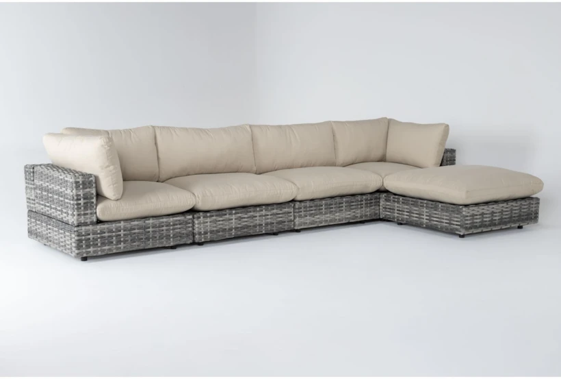 Retreat Outdoor 5 Piece Grey Woven Modular Sofa Chaise Sectional With Linen Cushions - 360