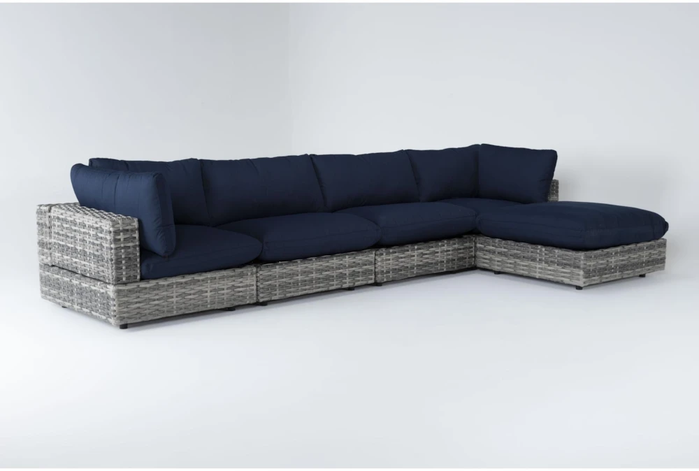 Retreat Outdoor 5 Piece Grey Woven Modular Sofa Chaise Sectional With Navy Cushions
