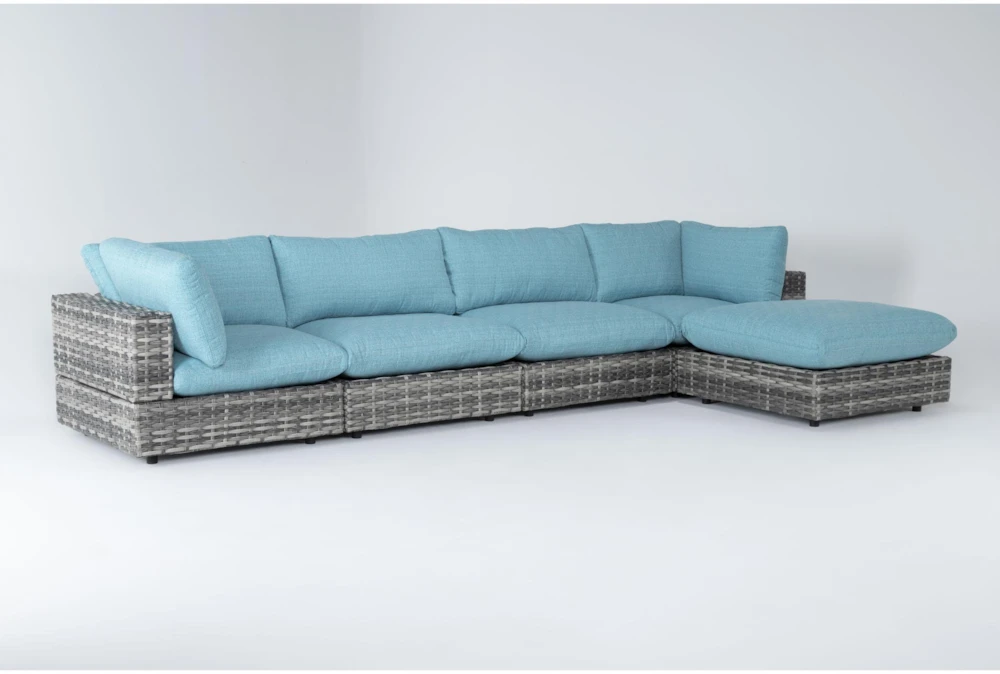 Retreat 156" Outdoor 5 Piece Grey Woven Modular Sofa Chaise Sectional With Spa Cushions