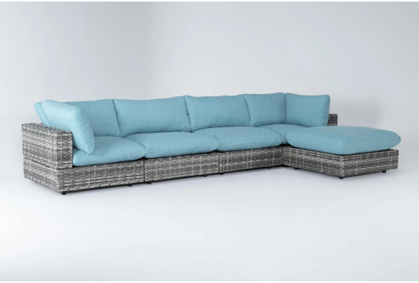Retreat 156" Outdoor 5 Piece Grey Woven Modular Sofa Chaise Sectional With Spa Cushions - 360