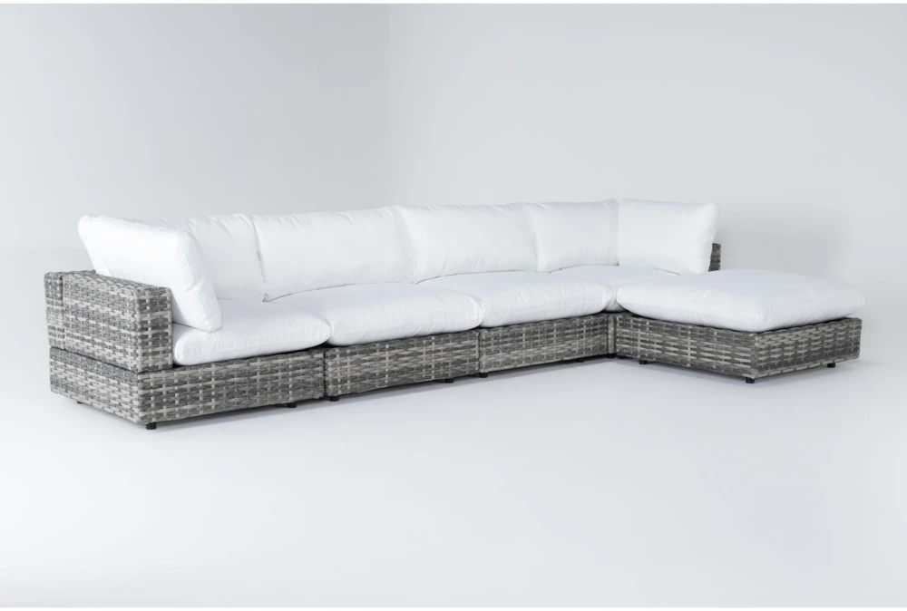 Retreat 156" Outdoor 5 Piece Grey Woven Modular Sofa Chaise Sectional With White Cushions