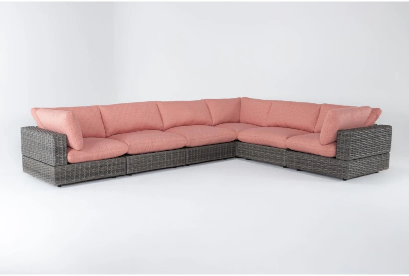 Retreat Outdoor 6 Piece Brown Woven Modular Sectional With Coral Cushions - 360
