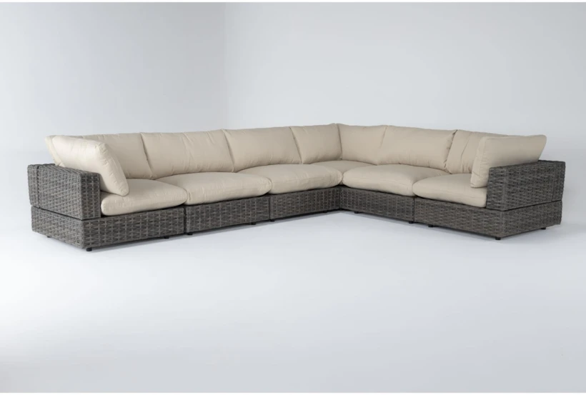 Retreat Outdoor 6 Piece Brown Woven Modular Sectional With Linen Cushions - 360