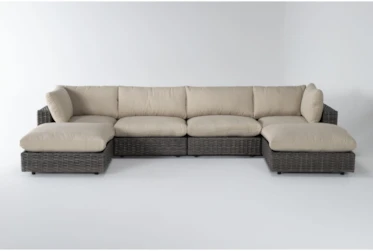 Retreat Outdoor 6 Piece Brown Woven Modular Chaise Sectional With Linen Cushions