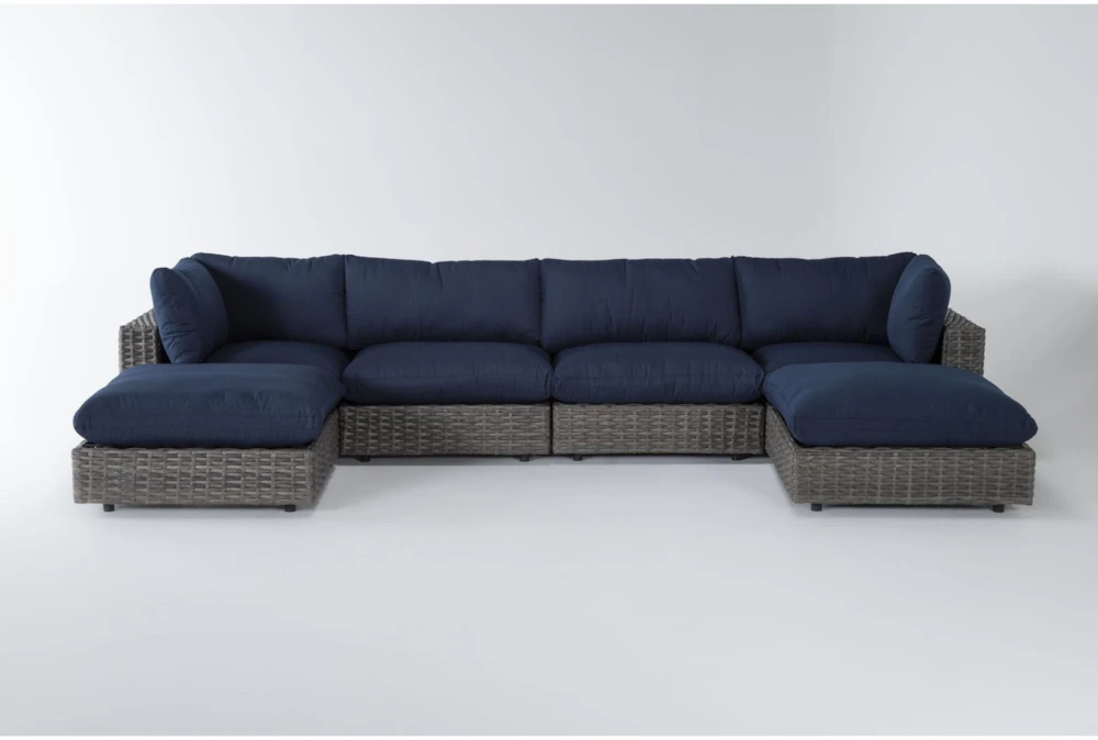 Retreat Outdoor 6 Piece Brown Woven Modular Chaise Sectional With Navy Cushions