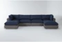 Retreat Outdoor 6 Piece Brown Woven Modular Chaise Sectional With Navy Cushions - Signature