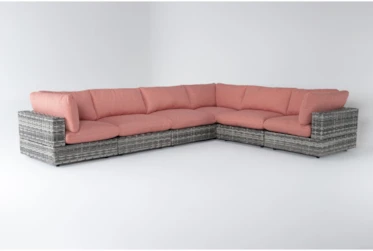 Retreat Outdoor 6 Piece Grey Woven Modular Sectional With Coral Cushions