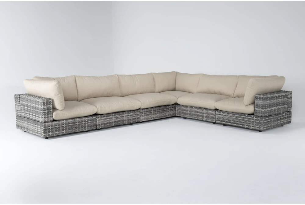 Retreat Outdoor 6 Piece Grey Woven Modular Sectional With Linen Cushions