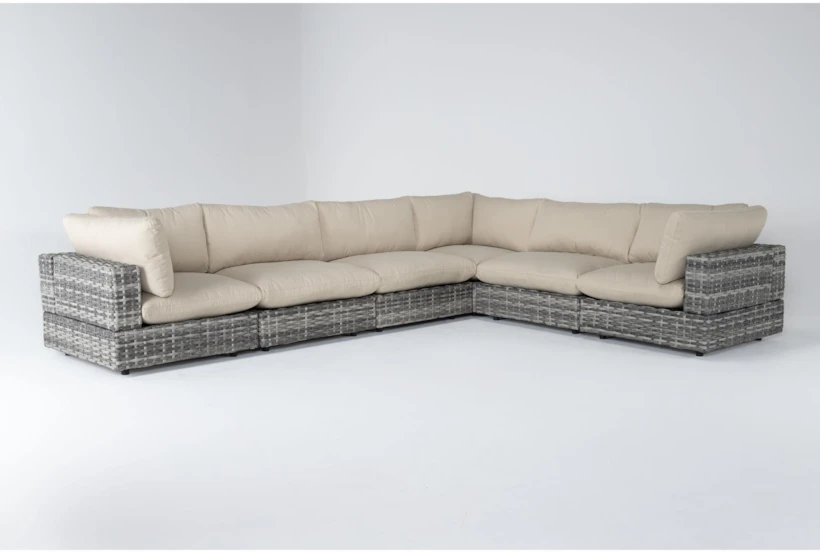 Retreat Outdoor 6 Piece Grey Woven Modular Sectional With Linen Cushions - 360