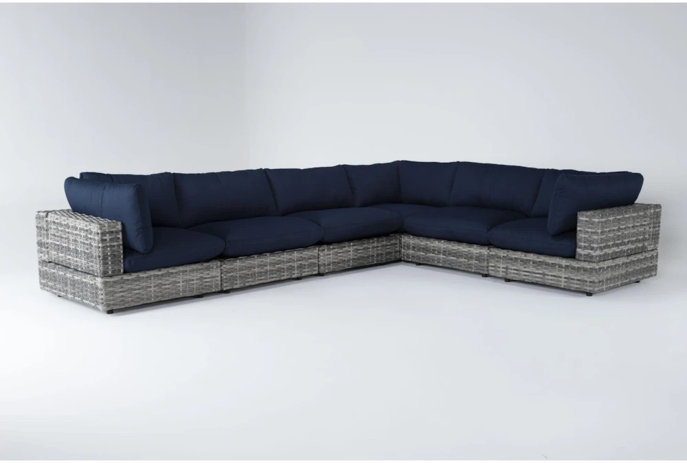 Retreat Outdoor 6 Piece Grey Woven Modular Sectional With Navy Cushions