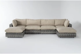 Retreat Outdoor 6 Piece Grey Woven Modular Chaise Sectional With Linen Cushions