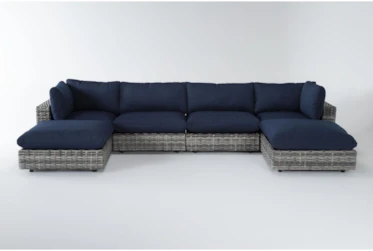 Retreat Outdoor 6 Piece Grey Woven Modular Chaise Sectional With Navy Cushions