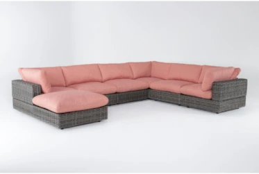 Retreat Outdoor 7 Piece Brown Woven Modular Sofa Sectional With Coral Cushions