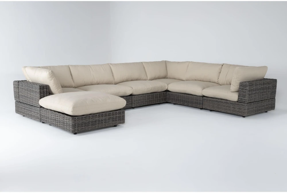 Retreat Outdoor 7 Piece Brown Woven Modular Sofa Sectional With Linen Cushions
