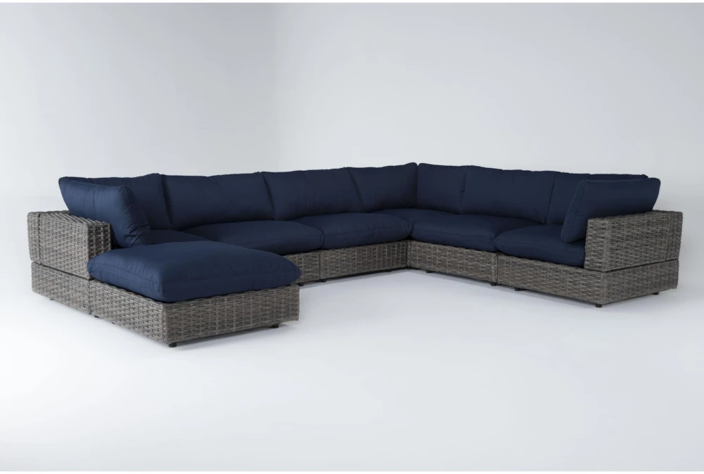 Retreat Outdoor 7 Piece Brown Woven Modular Sofa Sectional With Navy Cushions