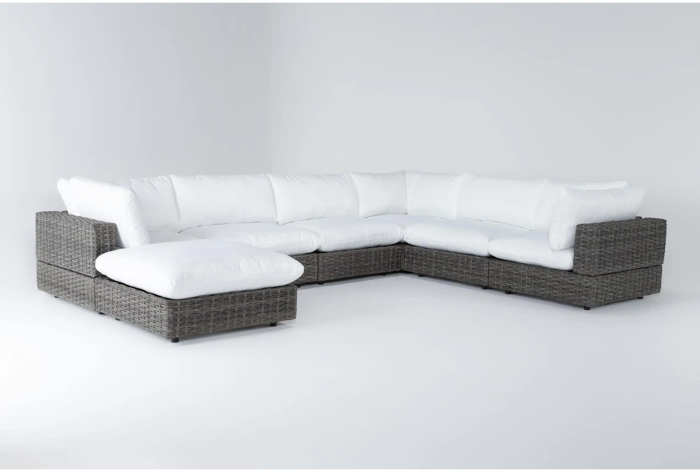Retreat Outdoor 7 Piece Brown Woven Modular Sofa Sectional With White Cushions