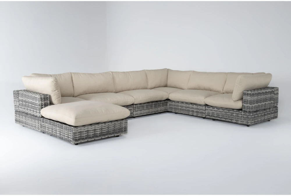 Retreat 117" Outdoor 7 Piece Grey Woven Modular Sofa Sectional With Linen Cushions