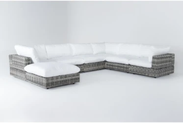 Retreat 117" Outdoor 7 Piece Grey Woven Modular Sofa Sectional With White Cushions