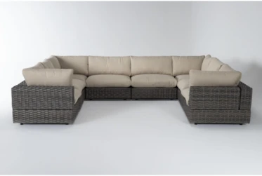 Retreat Outdoor 8 Piece Brown Woven Modular Sofa Sectional With Linen Cushions