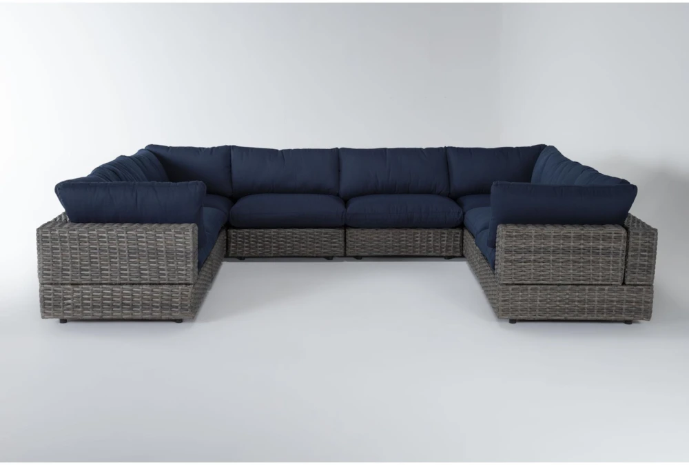 Retreat Outdoor 8 Piece Brown Woven Modular Sofa Sectional With Navy Cushions