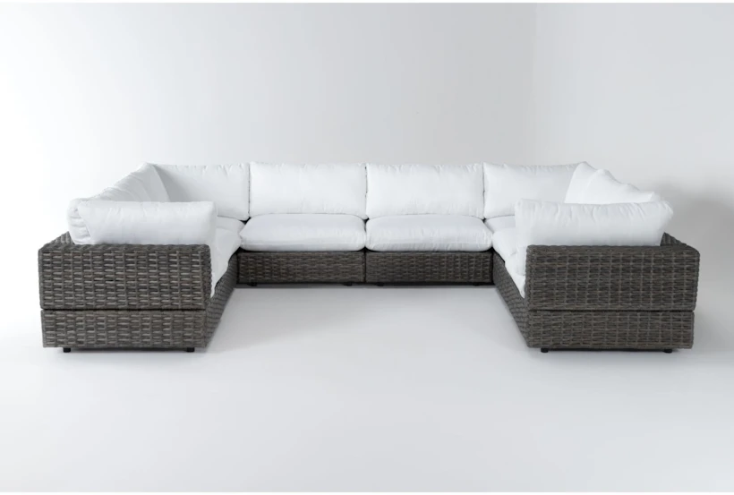 Retreat 156" Outdoor 8 Piece Brown Woven Modular Sofa Sectional With White Cushions - 360