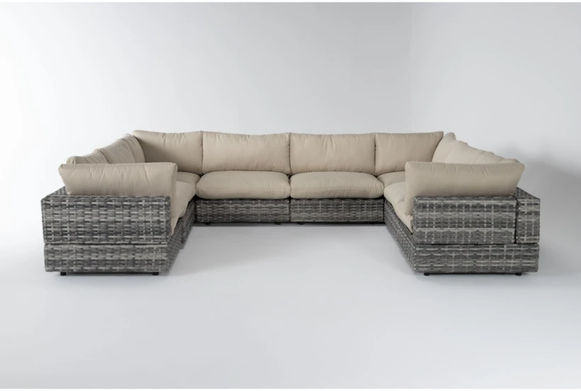 Retreat Outdoor 8 Piece Grey Woven Modular Sofa Sectional With Linen Cushions - 360
