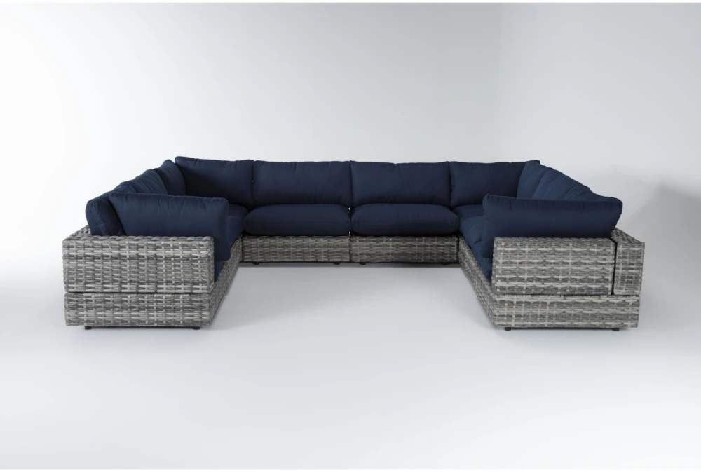 Retreat Outdoor 8 Piece Grey Woven Modular Sofa Sectional With Navy Cushions