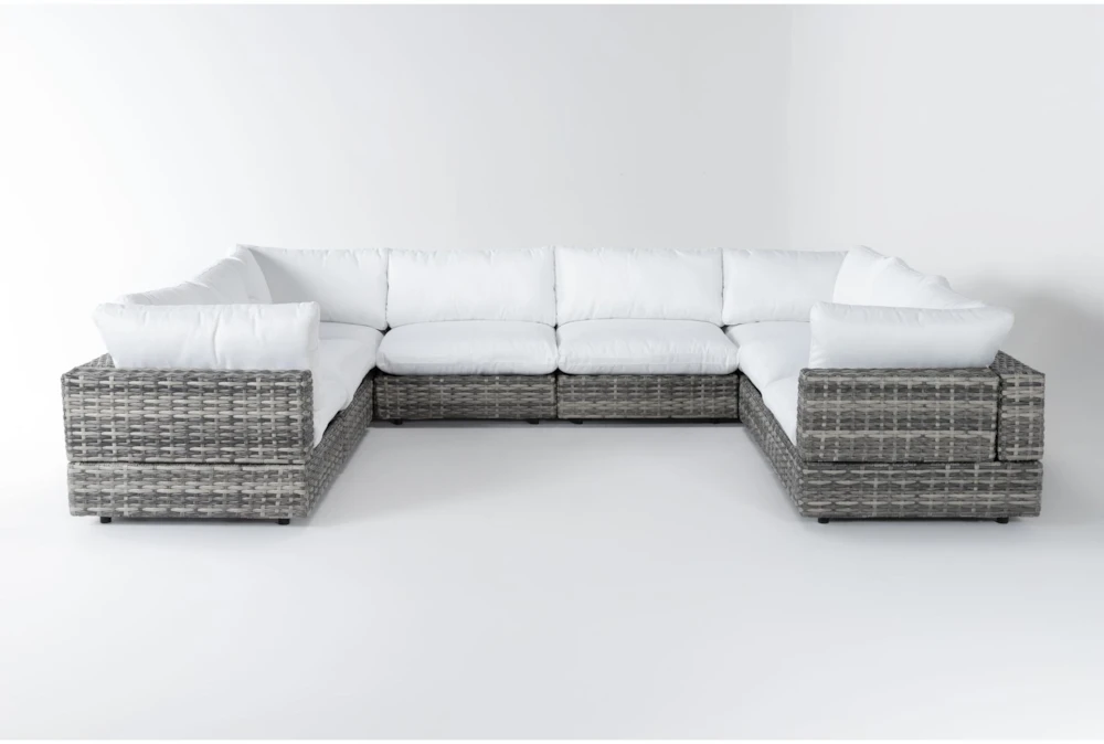 Retreat 156" Outdoor 8 Piece Grey Woven Modular Sofa Sectional With White Cushions